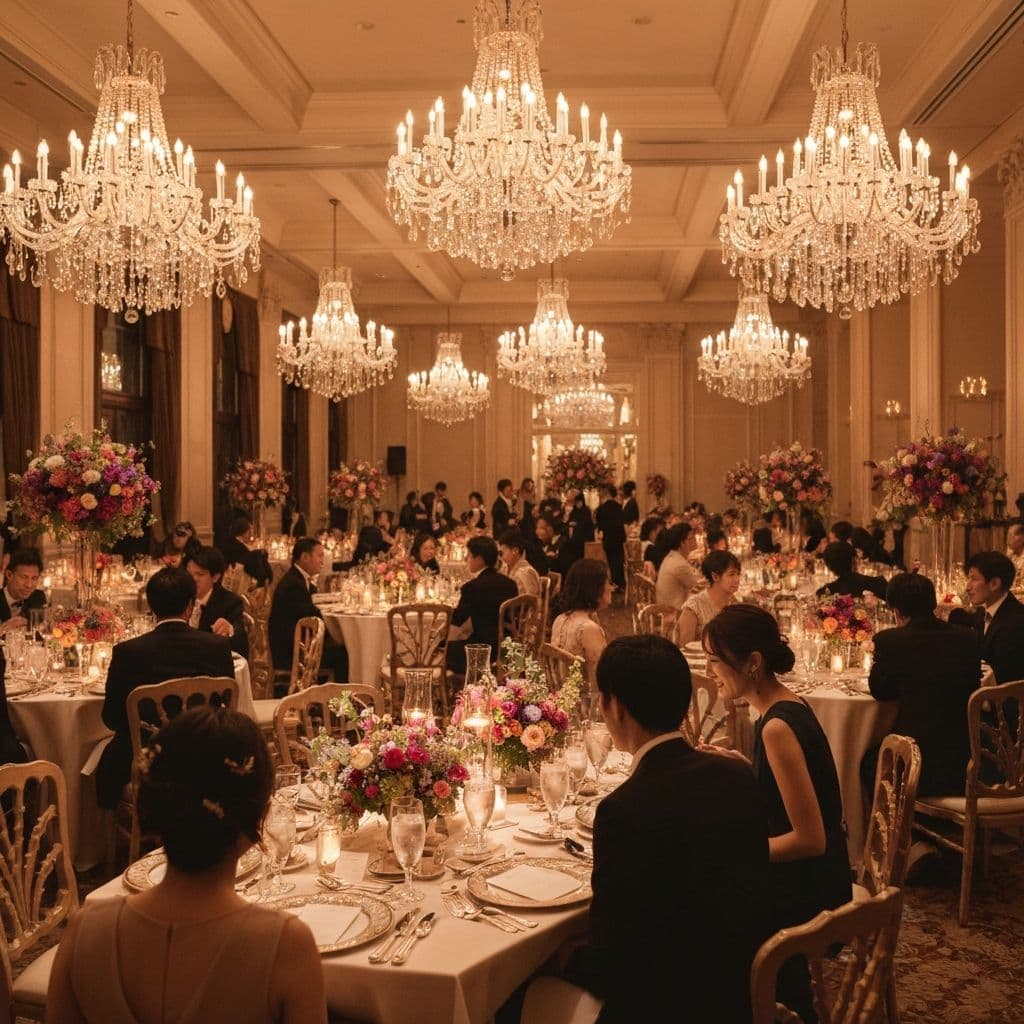Wedding reception in a ballroom with guests seated at round tables
