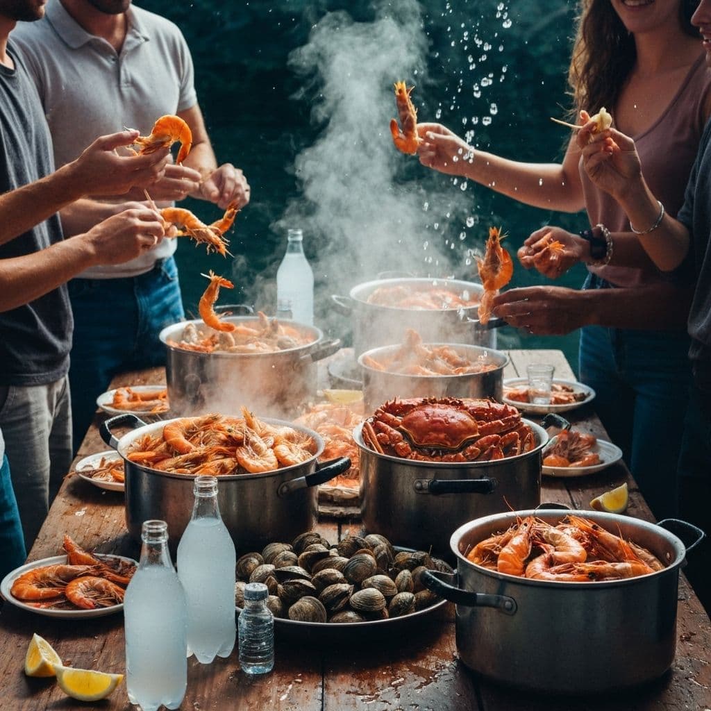 Friends gathered around steaming pots of seafood
